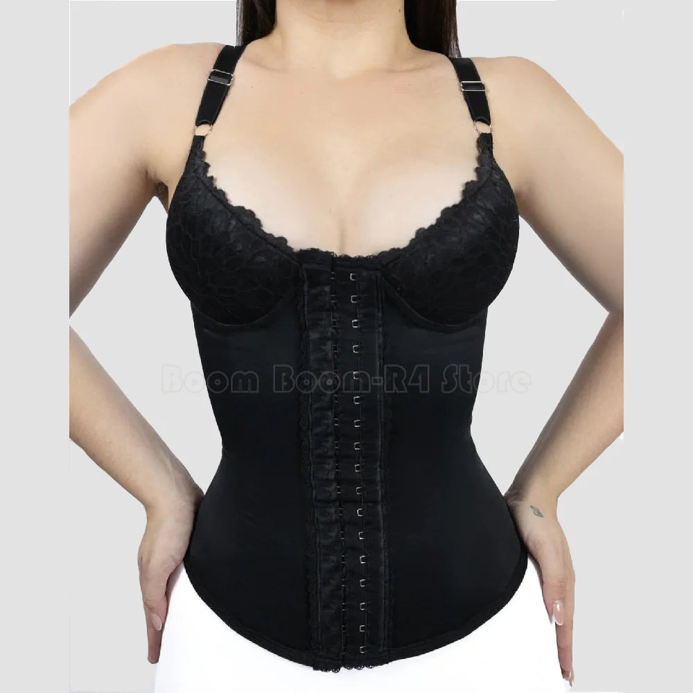 Women Waist Trainer with Bra Corset Slimming Sheath Faja Adjustable Hooks Postpartum Shapewear Vest Modeling Girdles Lace Design