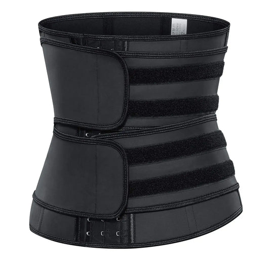 Women's 3-Row Hook Waist Trainer Black Double Belt Slimming Workout Sweat Waist Cincher Tummy Control Shapewear for Fitness