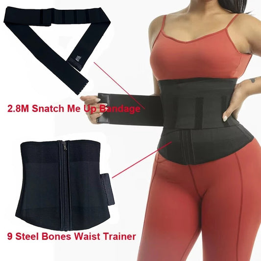 9 Steel Bone Waist Trainer Snatch Me Up Wrap Body Shaper Fajas Colombian Belt Adjustable Belly Tummy Control Stretch Band