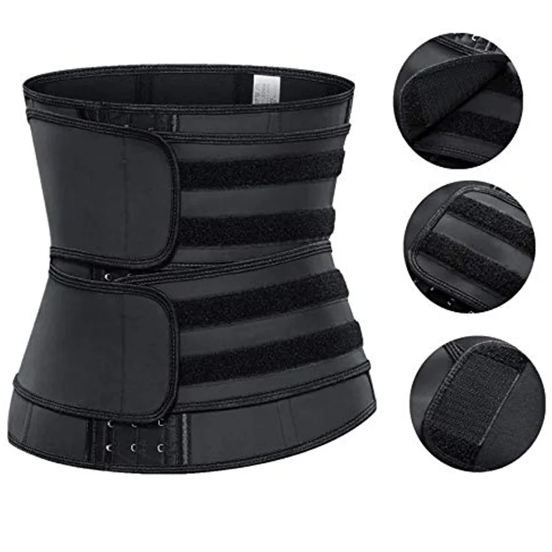 Women's 3-Row Hook Waist Trainer Black Double Belt Slimming Workout Sweat Waist Cincher Tummy Control Shapewear for Fitness